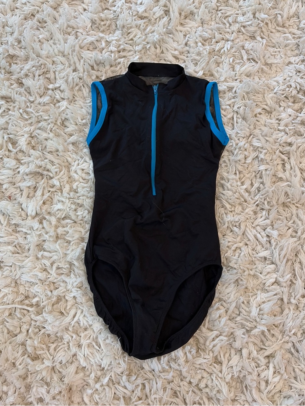 Black Sleeveless Zip-Front Leotard with Blue Trim